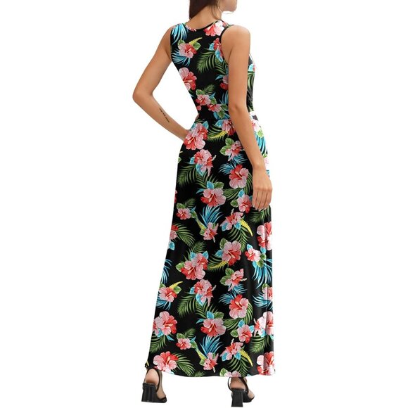 Women Hibiscus Black Deep V Neck Sleeveless Loose Plain Long Maxi Stretchy Dress - Picture 5 of 5